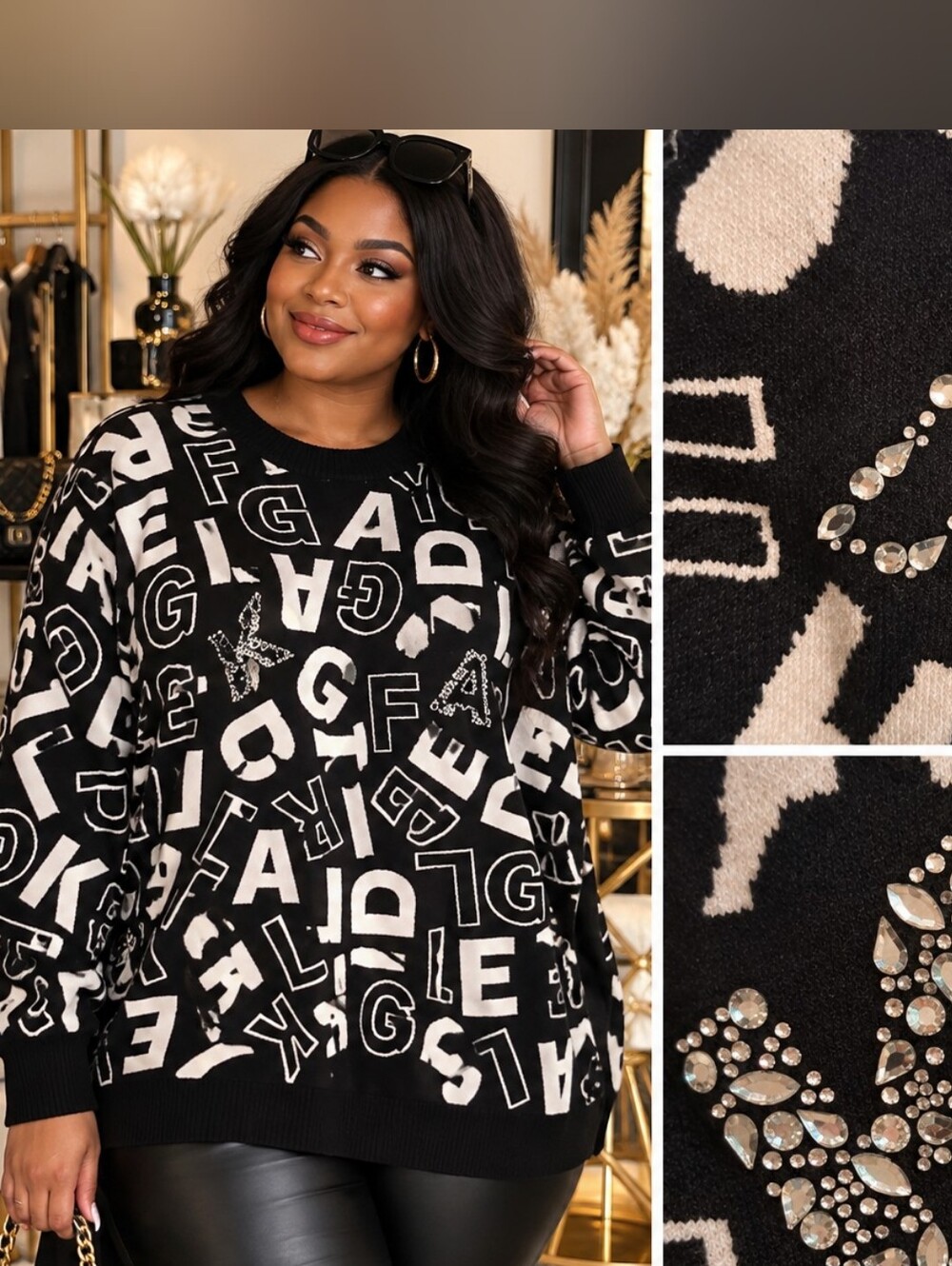 Karl Lagerfeld 3X NWT Rhinestone Letter Graphic Black White Sweater